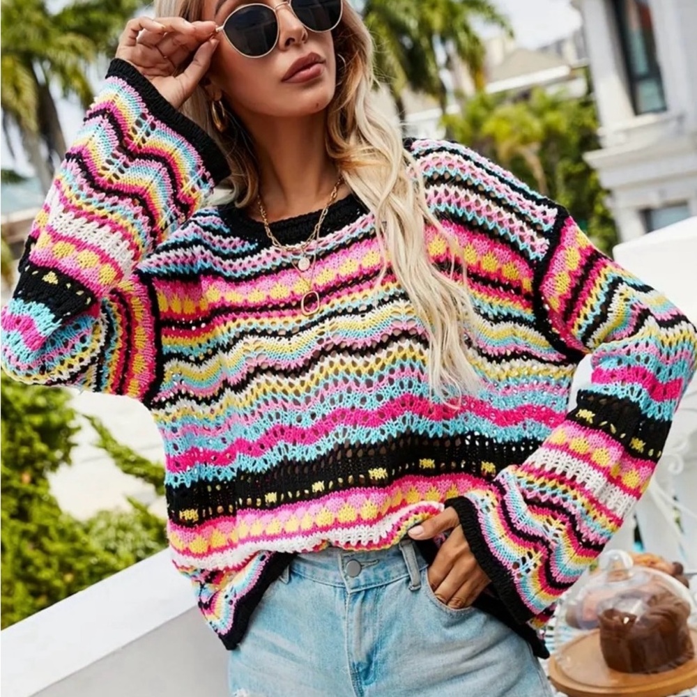 Colorful Striped Hollow Knit Sweater NWOT Size M